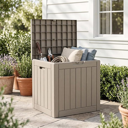 Outdoor Storage Box, 35 Gallon Waterproof Deck Box [Upgraded 3.1], Tool-Free Resin Storage for Patio Cushions, Balcony Pool Toys, Lockable Outside Side Table Ottoman, Balcony, Grey