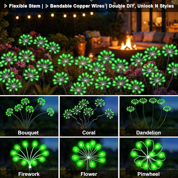 Solar Garden Lights Outdoor, Upgraded Solar Swaying Starburst Light Waterproof with 2 Modes, Solar Fairy Firework Lights for Yard Patio Pathway Flowerbed Balcony Garden Decoration (Green, 4 Pack)