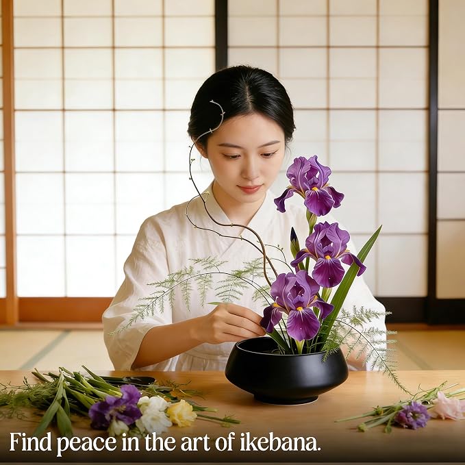Ceramic Flower Pot Flower Arrangement Set Japanese Ikebana Floral Art Supplies Handmade Flower Bowl Decorative Flower Vase for Centerpieces (Small Black)
