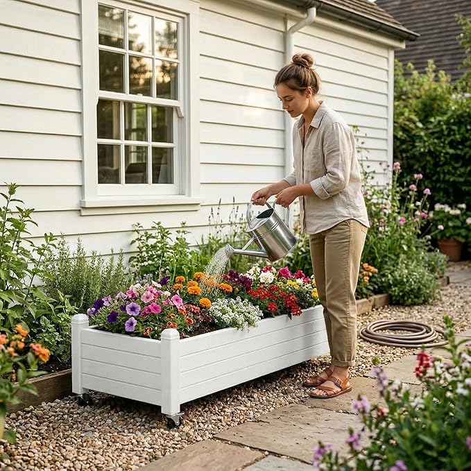 Fancyango Raised Garden Bed with Wheels 13.3" H -Ashen | Resin Elevated Garden Planter Box with Drainage, Outdoor Planter Box for Veggies Herbs Patio Balcony Backyard