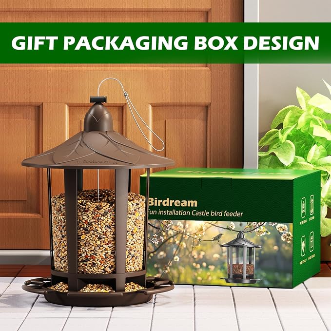 Birdream 2 Pack Bird Feeders for Outdoor Hanging, Assembly Required, 1-Min Easy Setup, Charming Castle Design, Attracting Cardinals Chickadees Goldfinches & Sparrows - Brown