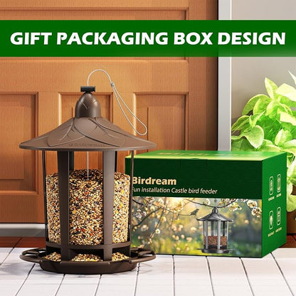 Birdream 2 Pack Bird Feeders for Outdoor Hanging, Assembly Required, 1-Min Easy Setup, Charming Castle Design, Attracting Cardinals Chickadees Goldfinches & Sparrows - Brown