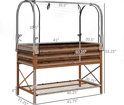 Outsunny Raised Garden Bed with Cover and Storage Shelf, Rectangular Metal Elevated Planter Box with Legs and Bed Liner for Vegetables, Flowers, Herbs, Dark Brown