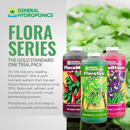 General Hydroponics FloraSeries Hydroponic Nutrient Fertilizer System Trial Pack with FloraMicro, FloraBloom and FloraGro, 1 qt.
