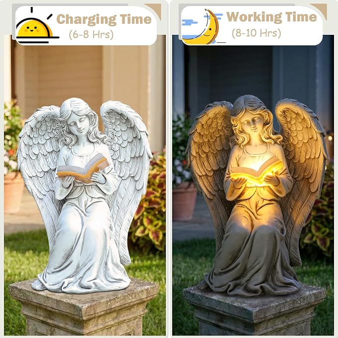 Angel Statue Outdoor Decor, Elegant Angel Garden Statues Reading Book with Solar LED Lights Yard Decorations Lawn Ornaments Figurines Resin Sculpture for Outside, Angel Gardening Gifts