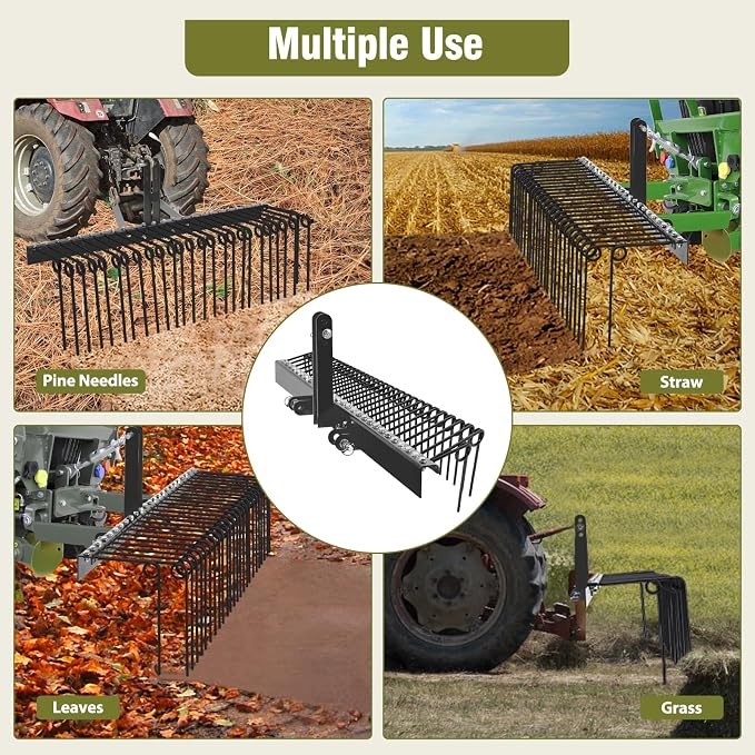 GAOMON 60 Inch Pine Straw Rake, 26 Coil Spring Tines Durable Powder Coated Steel Tow Behind Landscape Rake with 3 Point Hitch Receiver Attachment Fit to Cat0 Cat 1 Tractors for Leaves Grass, Black