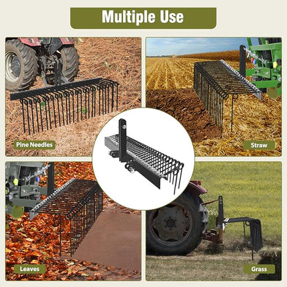 60" Heavy Duty Pine Straw Rake -3 Point Tractor rake with 26 Coil Spring Tines Durable Powder Coated Steel and 3 Point Hitch Receiver Attachment,Yellow