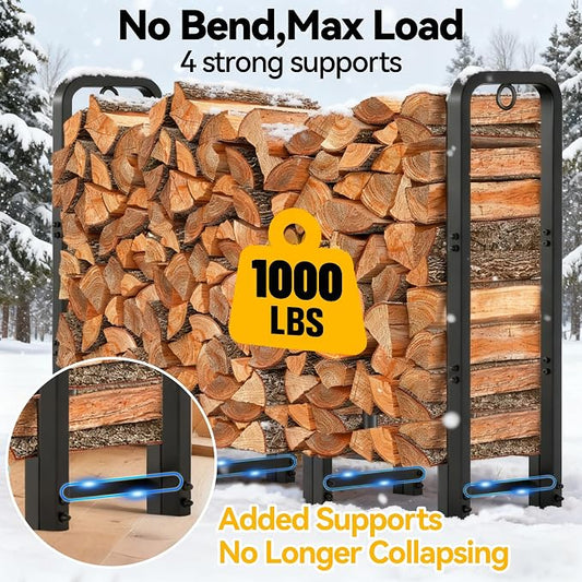 Amagabeli Firewood Log Rack Outdoor 4ft Heavy Duty Logs Holder for Fireplace Indoor Outdoor Adjustable Wood Racks for Fire Wood Holder Metal Pile Stand Storage Stacker Organizer Black