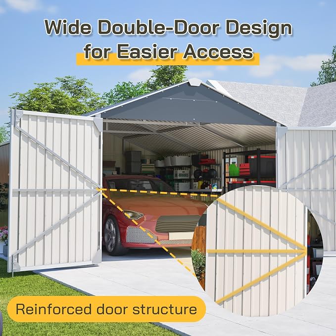 KEIKI 12x20 FT Outdoor Metal Storage Shed Garage with Double Doors, Large Capacity Steel Utility Shed for Vehicle Equipment and Garden Tool Storage, Weather Resistant Backyard Shed