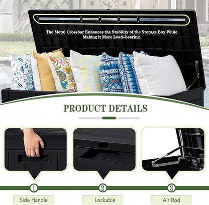 Greesum 100 Gallon Resin Deck Box Large Outdoor Storage, Imitation Rattan Weave Texture for Patio Furniture, Garden Tools, Pool Supplies, Weatherproof and UV Resistant, Lockable, Dark Black