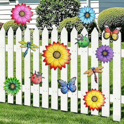 Super Ubelle 12 Pcs 3D Metal Garden Flower Wall Art Decor Kit | Outdoor Wall Art Flower Butterfly Dragonfly Ladybug Hanging Decorations for Patio Yard Backyard Balcony