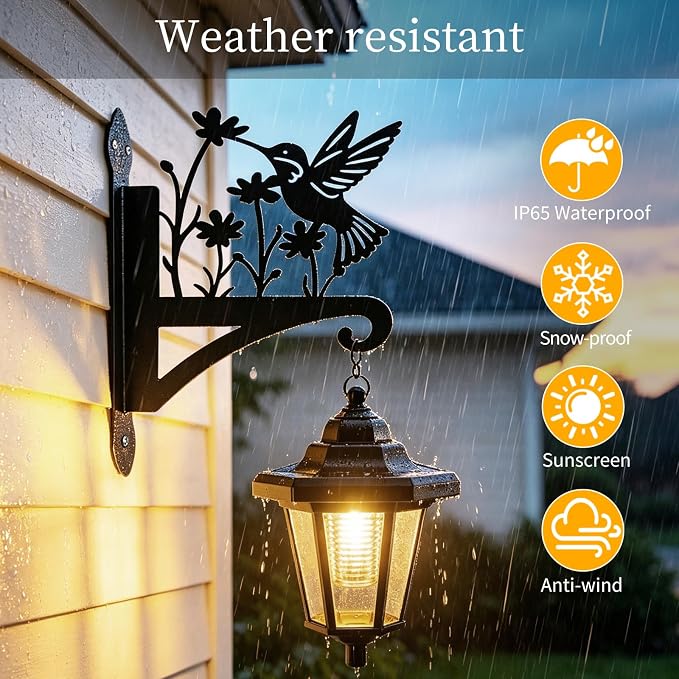 VOOKRY Solar Wall Lanterns Outdoor, Waterproof 2 Pack Hanging Lights with Hummingbird Hooks, Wall Mount Sconce with 3 Solar Panels for Patio Porch Yard Garden Decor, Dusk to Dawn 2700K Warm White