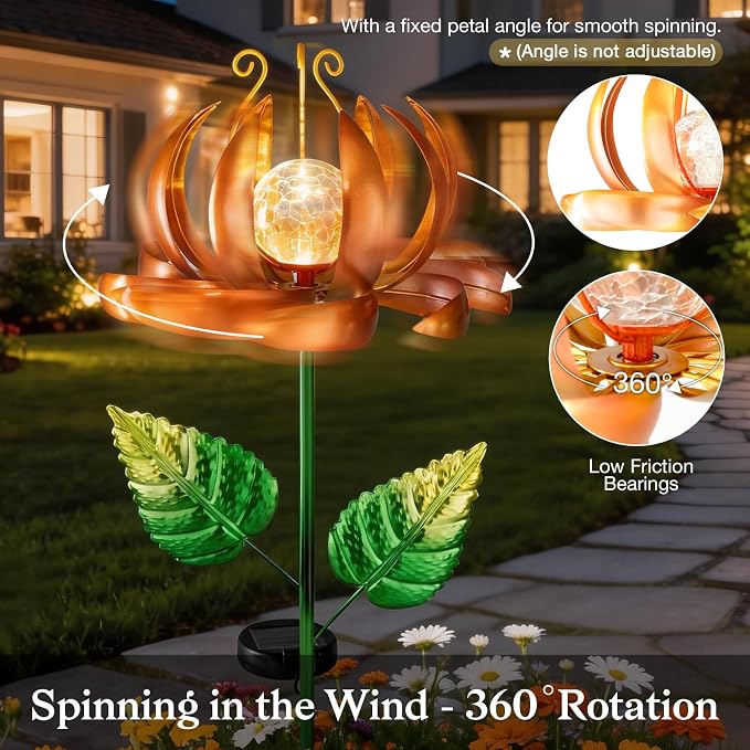 Solar Yard Lights Wind Spinners- Metal Lotus Flower Garden Decor LED Crackle Glass Globe Yard Art Sculpture Solar Stake Lights for Patio Pathway Lawn Walkway (Yellow-Large)
