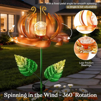 Solar Yard Lights Wind Spinners- Metal Lotus Flower Garden Decor LED Crackle Glass Globe Yard Art Sculpture Solar Stake Lights for Patio Pathway Lawn Walkway (Yellow-Large)