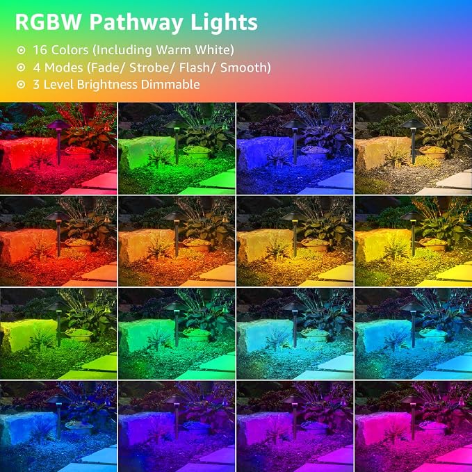 SUNVIE RGBW Low Voltage Pathway Lights 3W Color Changing Landscape Lights 12-24V Multi-Color Path Lights Waterproof for Yard Garden Walkway Holiday Landscape Path Lighting ETL Listed Cord, 4 Pack