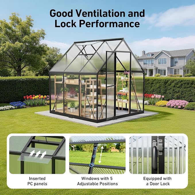 6x6FT Walk-in Greenhouse with Hygrometer, Polycarbonate Greenhouse, Greenhouse Kit with Vented Roof Window, Windproof Aluminum Frame with Quick-Installation Structure, Suitable for Gardening