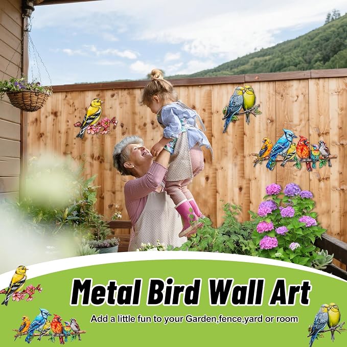 YOADEHOA Metal Wall Art Decor Birds on Branch, 3D Colorful Bird Outdoor Hanging Wall Art Patio Fence Decorations, Hummingbird Wall Sculptures for Indoor Outdoor Garden (Birds C)