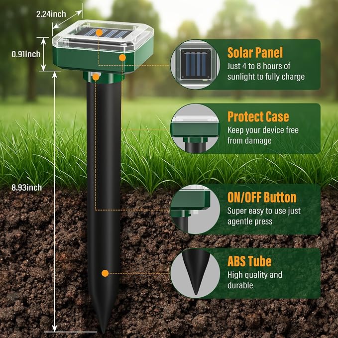 Solar Powered Mole Repellent, 10 Packs Ultrasonic Gopher Repellent Outdoor, Waterproof Vole Repellent for Lawn & Garden, Humane Deterrent for Moles, Groundhogs, Chipmunks & Snakes Square