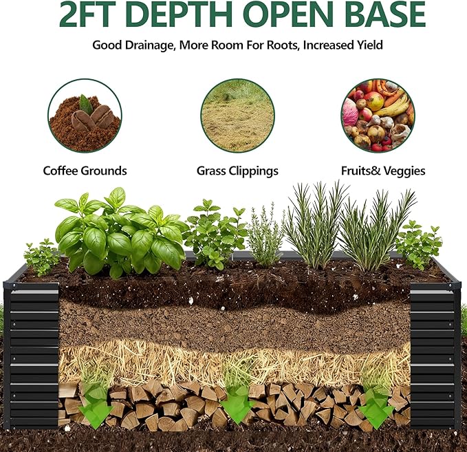 Vengarus 12x2x2ft Galvanized Raised Garden Bed,Metal Raised Beds Kit Black | 2FT Deep Root Elevated Garden Planter Box, Corrugated Steel, Open Bottom, Rustproof All Weather, Large Vegetable Flower Bed