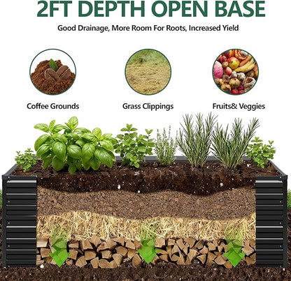 Vengarus 12x2x2ft Galvanized Raised Garden Bed,Metal Raised Beds Kit Black | 2FT Deep Root Elevated Garden Planter Box, Corrugated Steel, Open Bottom, Rustproof All Weather, Large Vegetable Flower Bed