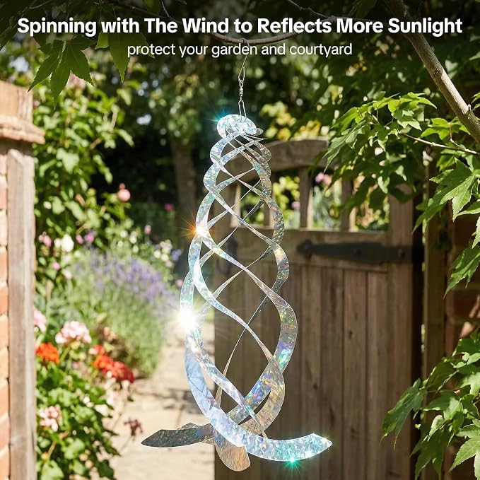 OFFO Bird Reflectors, 15.8 inch Double-Sided Reflective Bird Scare Devices with Stainless Steel Hook, Spiral Reflectors Outdoor Garden Decor for Tree Patio Farm Orchard Porch Pool Window, 8 PCS