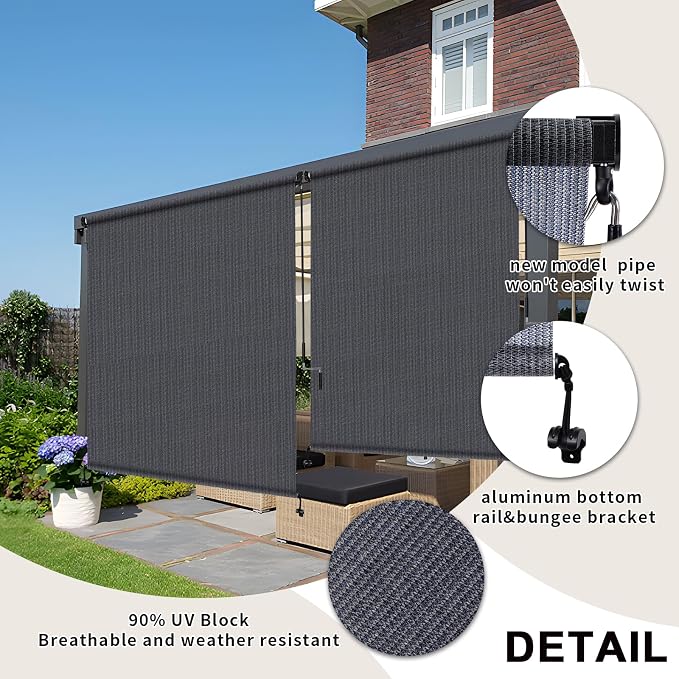 KANAGAWA Outdoor Roller Shade 8'X6' Blue Grey Exterior Cordless Patio Roll Up Shades for Outside Pergola Porch, Outdoor Blinds for Patio