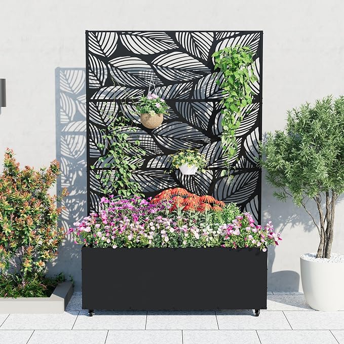 GarveeLife Metal Planter Box with Trellis and Wheels, 71"x47"x16" Raised Garden Bed for Climbing Plants, Vegetables, Vines, Privacy Planters for Patio with Drainage Holes, 15.7" Deep Planting Bed