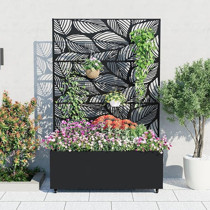 GarveeLife Metal Planter Box with Trellis and Wheels, 71"x47"x16" Raised Garden Bed for Climbing Plants, Vegetables, Vines, Privacy Planters for Patio with Drainage Holes, 15.7" Deep Planting Bed