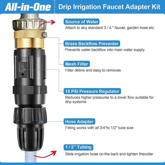 Feekoon 4 Set 15 PSI Drip Irrigation Faucet Adapter Kit 1/2'' Tubing to 3/4'' Faucet Water Pressure Regulator Backflow Preventer with Filter, Drip Irrigation System Parts