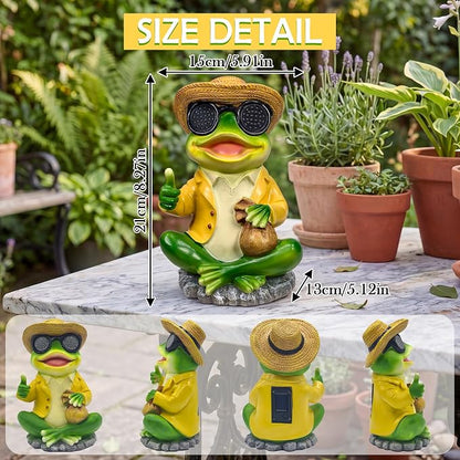 8.7" Solar Frog Statue Glowing Glasses - Funny Garden Decor Thumbs Up Money Bag Lucky Frog Figurine, Outdoor Resin Yellow Shirt Hand Painted Stone Base Patio Lawn Porch Gift Whimsical