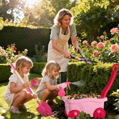 Kids Gardening Tools Set – 7pcs Wheelbarrow Set with Shovel, Rake, Pink | Shovel, Rake, Lawn Digging & Weeding, Summer Outdoor Yard Toy for Age 2 3+, Easter & Birthday Gift for Boys Girls