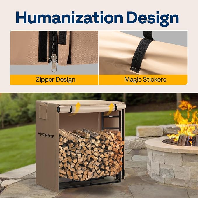 VIVOHOME 3ft Firewood Log Rack Cover, Heavy Duty 600D Oxford, Double Layer Outdoor Weather Resistant Fire Wood Storage Holder Cover with Zipper and Hook Loop Tape, Brown