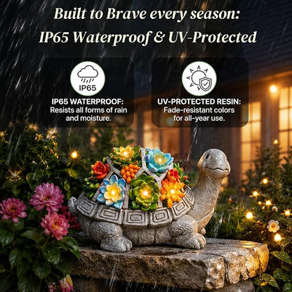 Nacome Solar Garden Outdoor Statues Turtle with Succulent and 7 LED Lights - Lawn Decor Statue for Patio, Balcony, Yard Ornament - Gifts for Mom Grandma Women