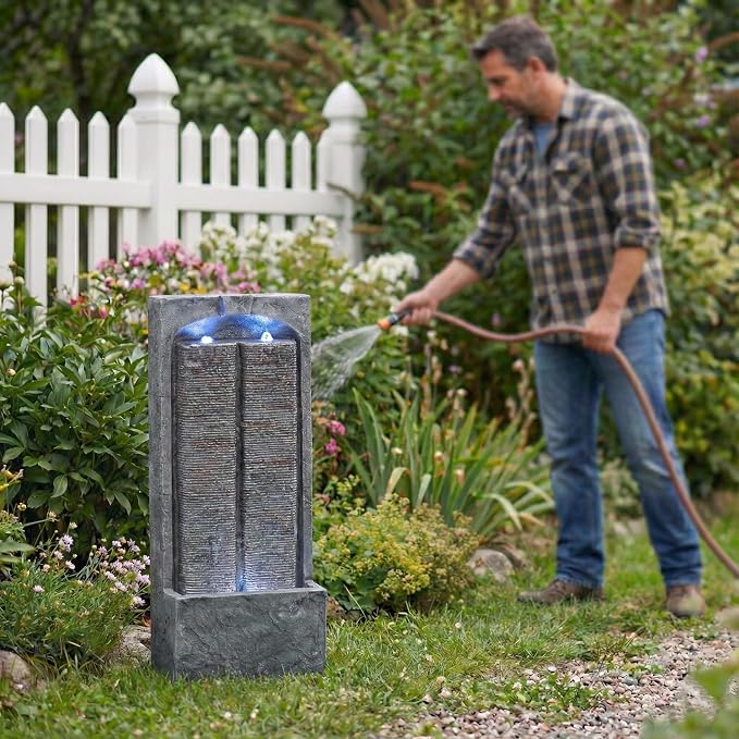 39" Outdoor Water Fountain with Quiet Pump, Outdoor Fountain with LED Lights, Weather-Resistant Outdoor Cascading Freestanding Fountain, Garden Water Feature, Slate-Style Wall, Grey