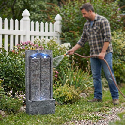 39" Outdoor Water Fountain with Quiet Pump, Outdoor Fountain with LED Lights, Weather-Resistant Outdoor Cascading Freestanding Fountain, Garden Water Feature, Slate-Style Wall, Grey