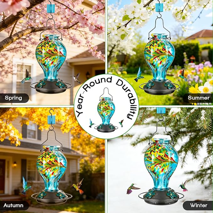 Hand Blown Glass Hummingbird Feeders for Outdoors Hanging, 24oz Wild Bird Nectar Feeder with Ant Moat and Perch, Bee-Resistant Ports, Garden Decor, Gifts for Women Mom, 1 Pack, Blue Fireworks