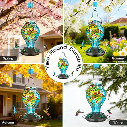 Hand Blown Glass Hummingbird Feeders for Outdoors Hanging, 24oz Wild Bird Nectar Feeder with Ant Moat and Perch, Bee-Resistant Ports, Garden Decor, Gifts for Women Mom, 1 Pack, Blue Fireworks