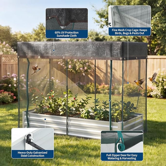 6x3x1Ft Galvanized Raised Garden Bed Kit w/Self Watering Irrigation & Mesh Cover, Metal Bottomless Raised Planter Box for Veggies Herbs Flowers, Rustproof Elevated Garden Bed Backyard Patio Farm