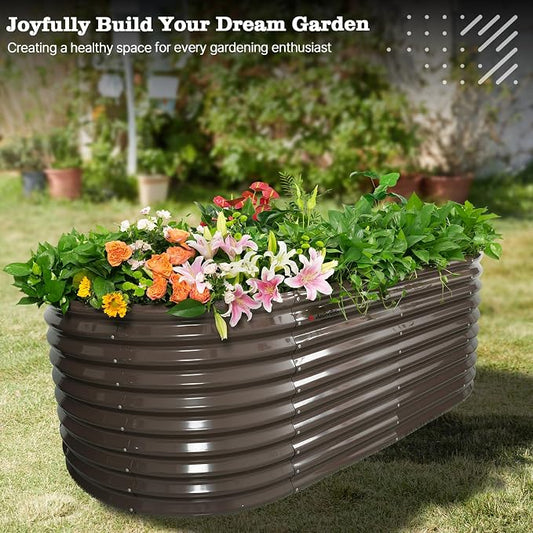 A ANLEOLIFE 30" Extra Tall Galvanized Raised Garden Beds Outdoor, 8x4x2.5ft Oval Metal Planter Boxes for Planting Vegetables, Flowers, Fruits, Eco-Safe & Easy Setup, CaféBronze