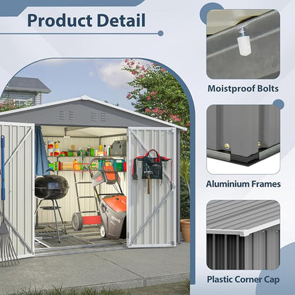 PVWIIK 10x8 FT Large Outdoor Metal Storage Shed, Heavy Duty Waterproof Steel Garden Tool Shed with Lockable Doors, Utility Storage Building for Backyard Patio Lawn Garden, Grey