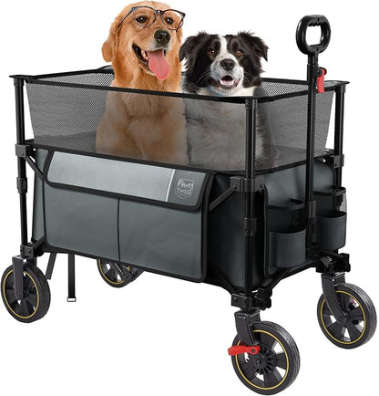 Timber Ridge 350L Extra Large Collapsible Folding Wagon Carts with Brake, Heavy Duty Outdoor Camping Utility Wagons with Extended Height, Adjustable Handle, Cup Holders, Side Bag (Gray)