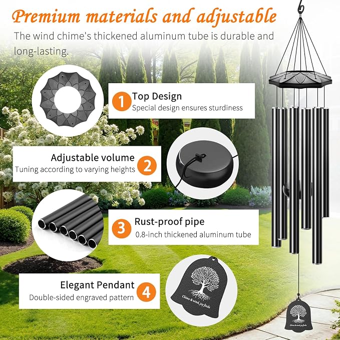 6 Tubes 32" Wind Chimes for Outside, Blessing Decor Wind Chimes, Outdoor Patio Yard Garden Decoration, Perfect Retirement Mothers Day Birthday Gift for Mom, Women, Grandma, Neighbors Black