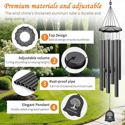 6 Tubes 32" Wind Chimes for Outside, Blessing Decor Wind Chimes, Outdoor Patio Yard Garden Decoration, Perfect Retirement Mothers Day Birthday Gift for Mom, Women, Grandma, Neighbors Black
