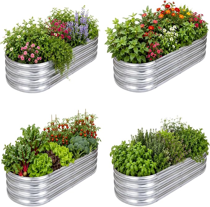 Raised Garden Bed Kit, Galvanized Planter Garden Boxes Outdoor, Oval Large Metal Raised Garden Beds for Vegetables, Fruits, Flowers,Planter Box Easy Assembly Garden Bed Kit (Silver, 4x2x1FT 4pcs )