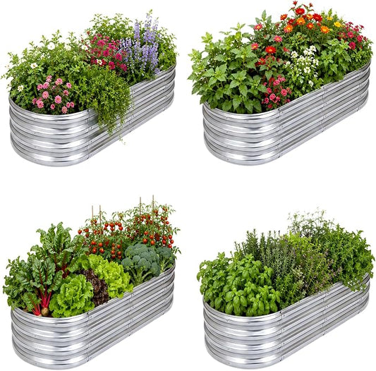 Raised Garden Bed Kit, Galvanized Planter Garden Boxes Outdoor, Oval Large Metal Raised Garden Beds for Vegetables, Fruits, Flowers,Planter Box Easy Assembly Garden Bed Kit (Silver, 4x2x1FT 4pcs )