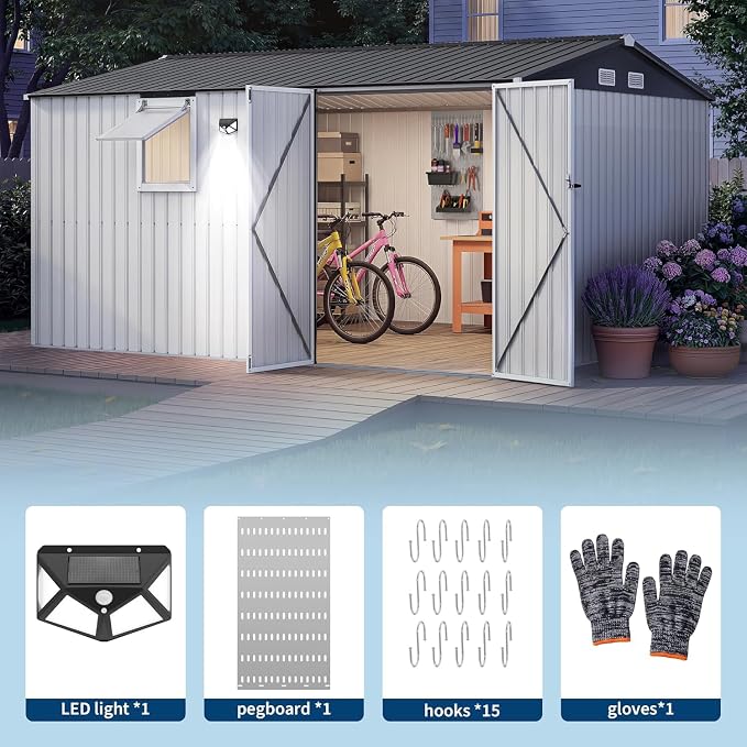 Garvee 10 x 12 FT Heavy-Duty Metal Outdoor Storage Shed with Motion Sensor Solar Light and Window,Pegboard Tool Organizer, Lockable Doors and 4 Air Vents, Garden Shed for Patio, Garage, Backyard
