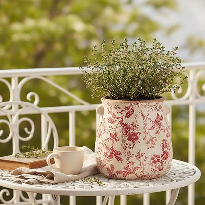 Antique Ceramic Planter & Vase for Home Decor, 6.68 Inch Rustic Farmhouse Flower Pot with Drainage Hole for Indoor Plants, Vintage Decoration for Bookshelf & Tabletop, Unique Gifts for Women (Red)