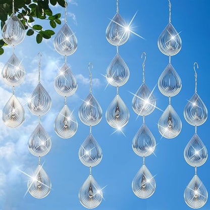 24 pcs Stainless Steel Bird Deterrents for Outside 3D Wind Spinners Outdoor Decor Reflective Bird Scare Discs Devices Deterrents Shiny Metal Reflectors Decor to Keep Woodpeckers Away(Teardrop)
