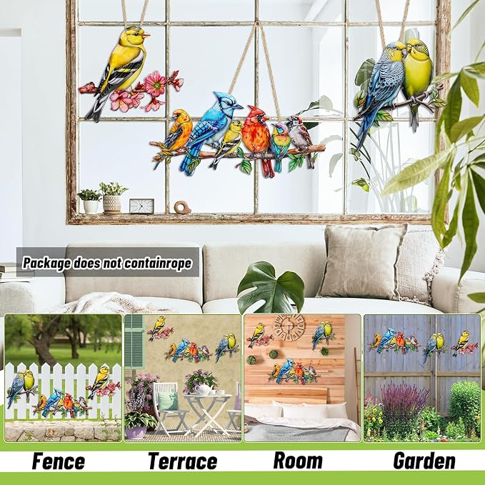 YOADEHOA Metal Wall Art Decor Birds on Branch, 3D Colorful Bird Outdoor Hanging Wall Art Patio Fence Decorations, Hummingbird Wall Sculptures for Indoor Outdoor Garden (Birds C)