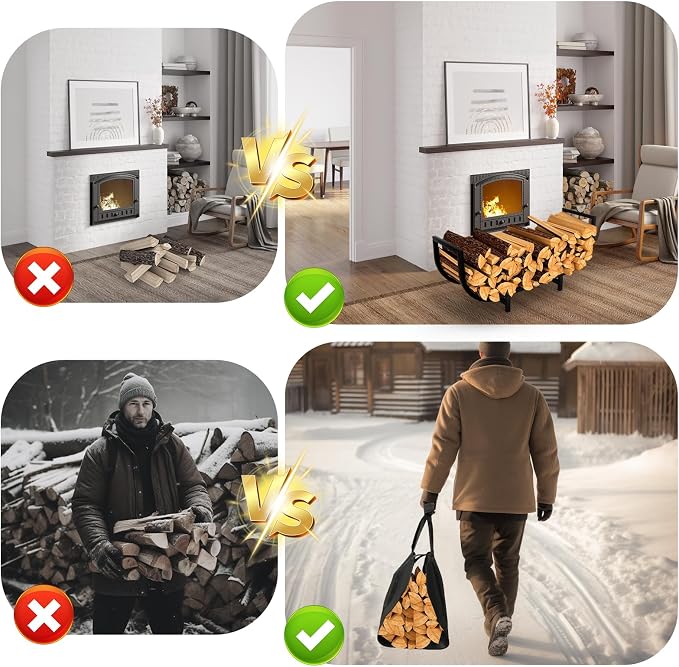 Firewood Rack Indoor with Log Carrier 34Inch Fireplace Wood Holder, Black Outdoor Firewood Storage Organizer Stable Metal Wood Rack Heavy Duty Log Holder for Fireplace Patio Deck, Wooden Carrier Tool